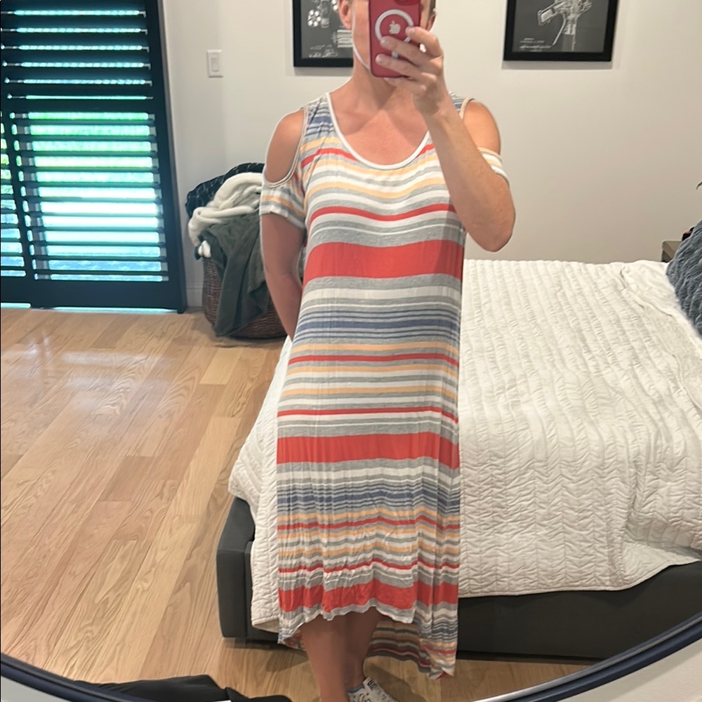 Sunday Salmon and Gray Hi-low Cold Shoulder Sundress